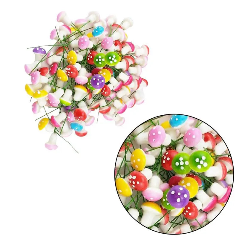 décoration jardin champignons artificiels rouge blanc vert jaune rose violet taches blanches tringles
