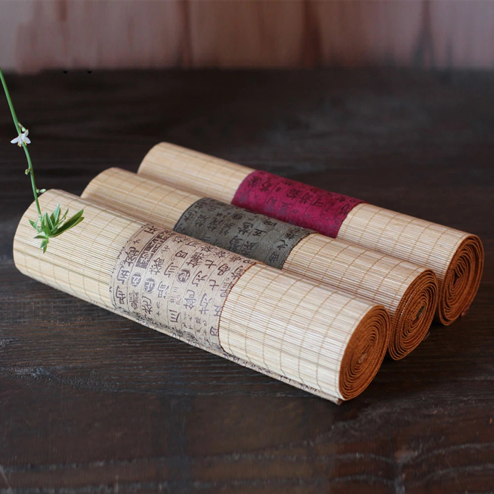 tapis table runner tissage bambou rayures chinoises beige bordeaux traditionnel artisanal maison decoration