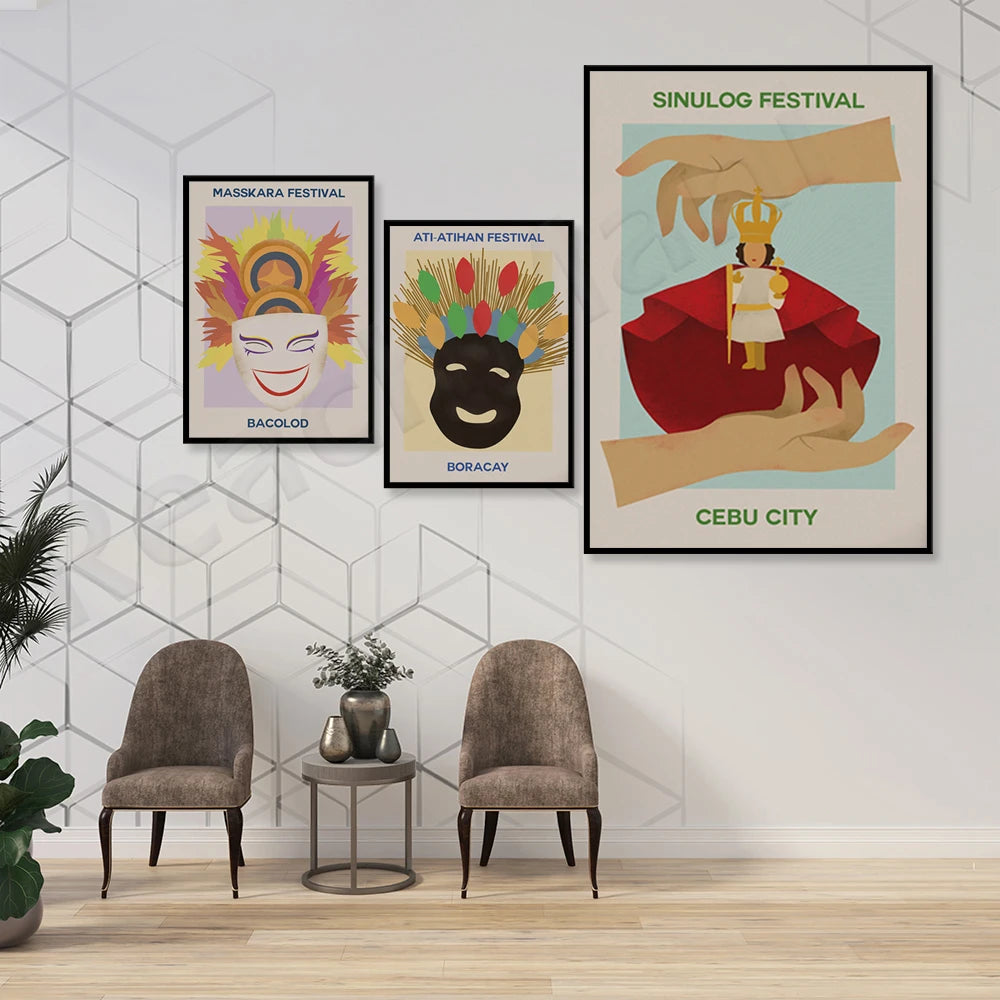 Des affiches colorées représentant des festivals populaires aux Philippines, exposées sur un mur avec des meubles élégants dans une pièce moderne.