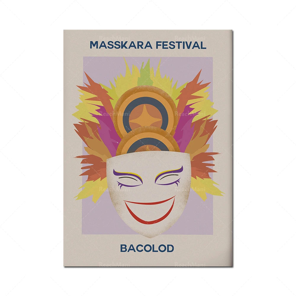 Affiche colorée du festival Masskara mettant en vedette un masque souriant sur un fond de feuilles d'automne et de flammes.