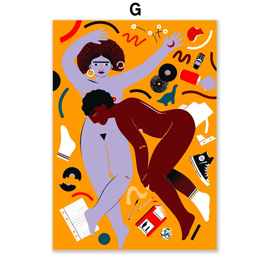 Représentation graphique abstraite de deux personnes sur fond orange avec des éléments graphiques colorés.