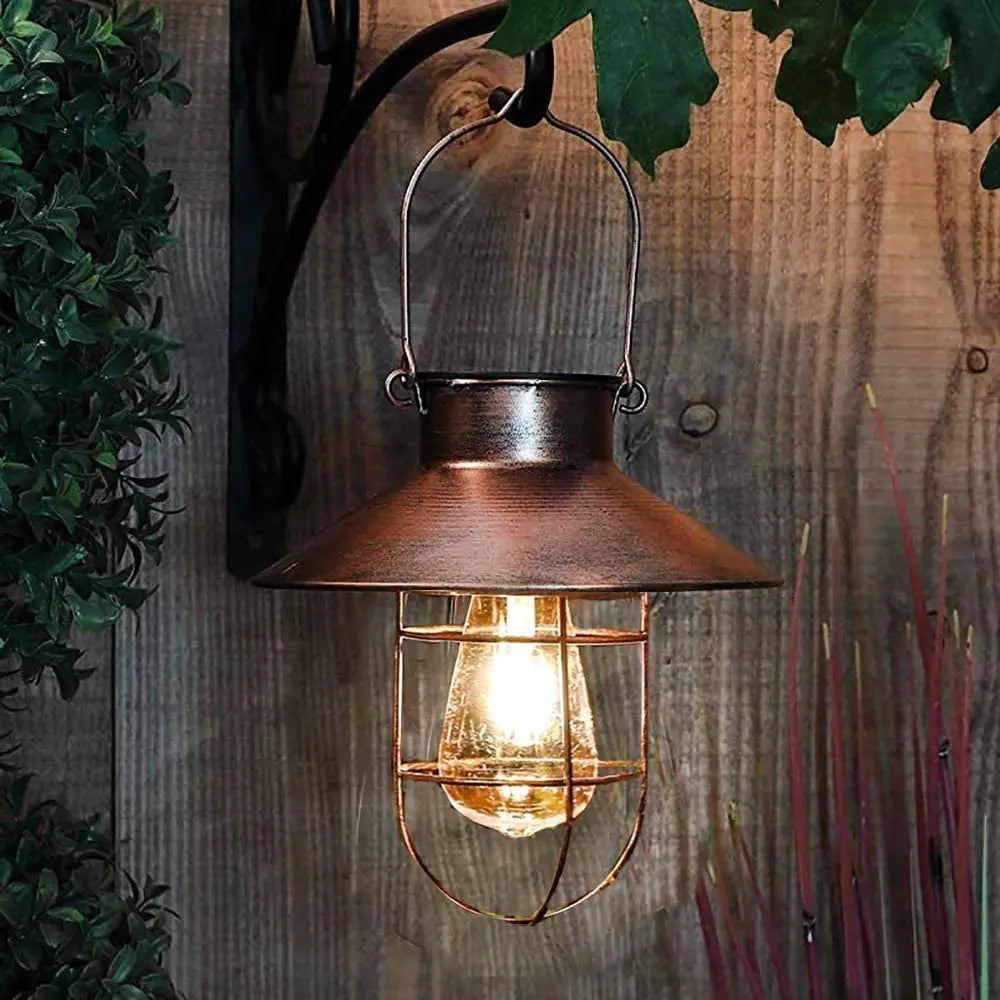 lampe solaire cuivre noir vintage rustique extérieure ampoule led protection grille crochetsextérieur
