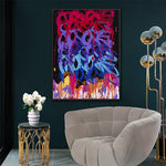 Toile abstraite contemporaine rouge violet bleu jaune noir coulures fluides sans cadre