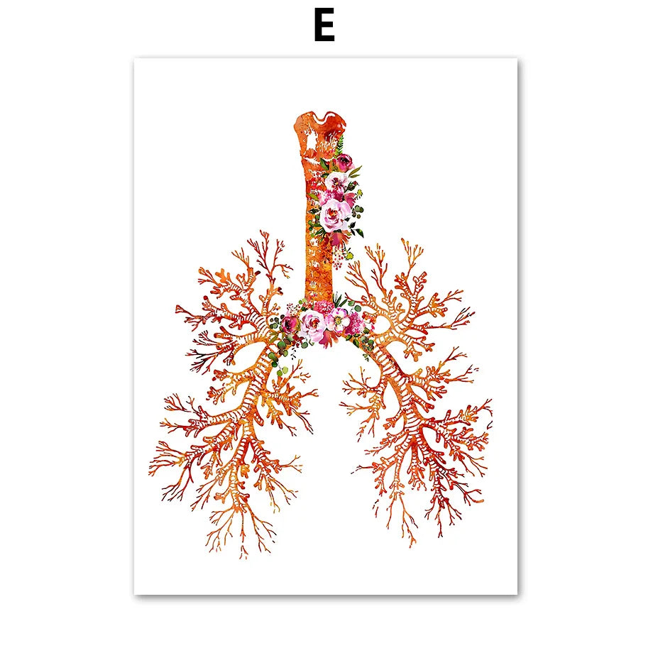 Un motif anatomique de poumons floraux aux teintes chaudes, avec des branches coralliennes et des fleurs épanouies.