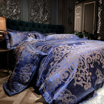 Vue d'ensemble de la chambre avec la parure de lit coton jacquard satin doux