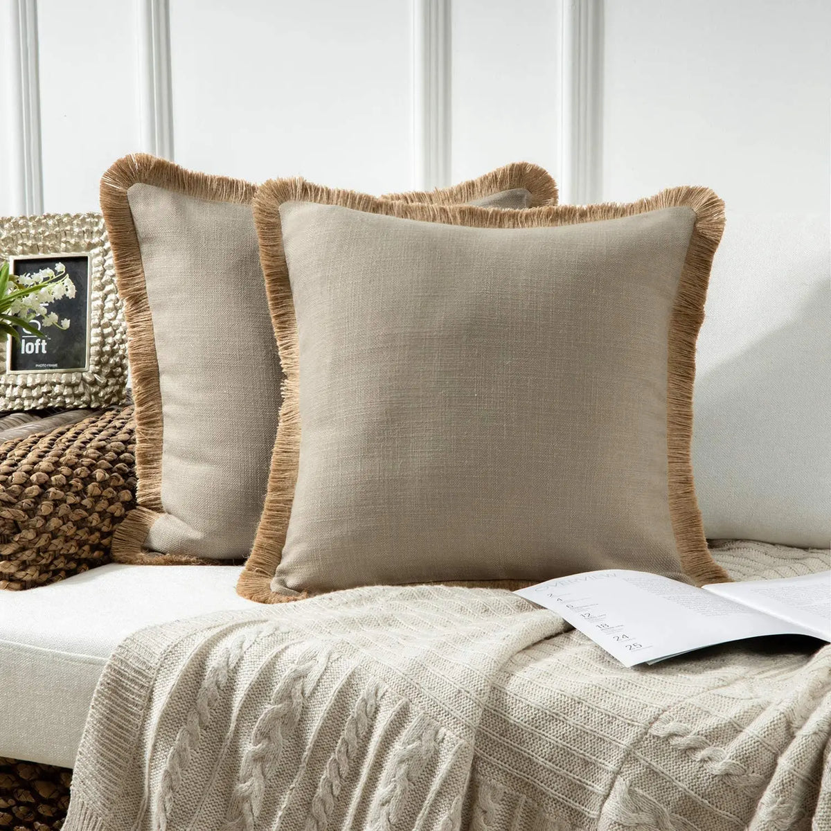coussin décoratif moderne bleu gris rose orange 45x45cm tissu uni bordure frisée