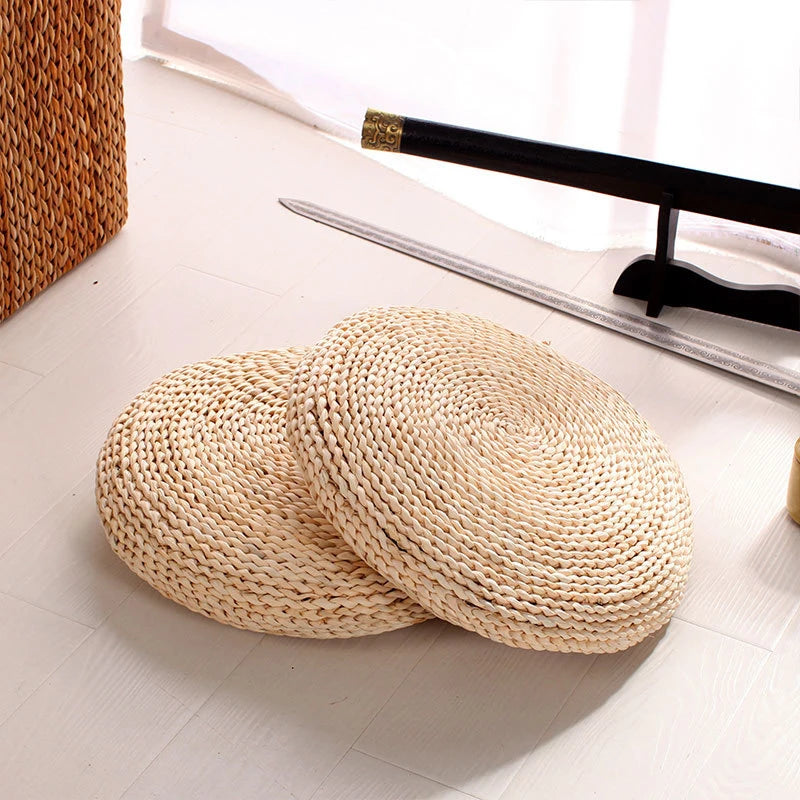 coussin sol rond tissé motifs circulaires paille souple opaque naturel 30cm 40cm