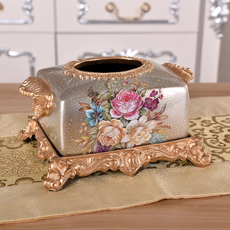 boîte mouchoirs résine fleurs baroques classique doré beige salon chambre