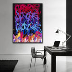 Toile abstraite contemporaine rouge violet bleu jaune noir coulures fluides sans cadre