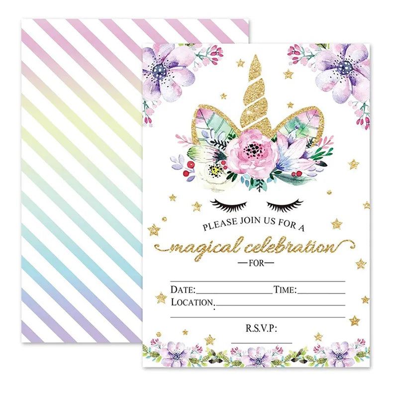 invitations anniversaire licorne fleurs roses étoiles dorées illustration animée colorées opaques filles decoration fête