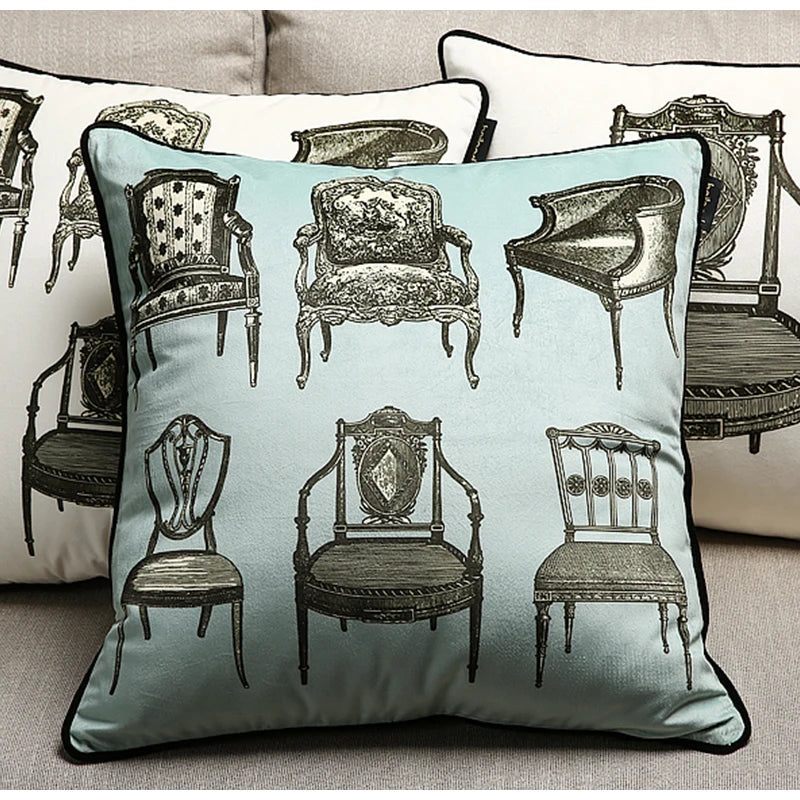 taies d'oreiller blanc motif vintage chaises maison 45x45cm 50x50cm polyester respectueux environnement