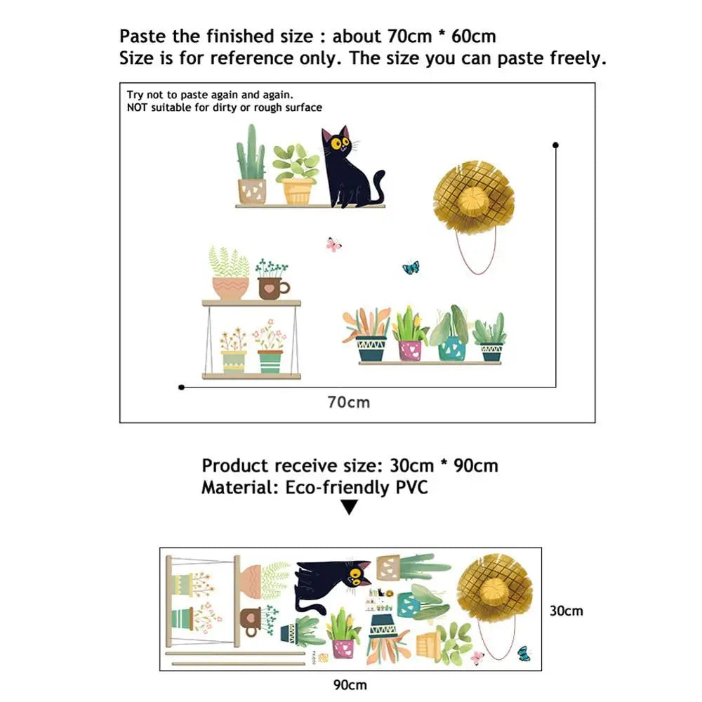 sticker mural décoration enfantine plantes pots chat papillons botanique mignon vert jaune