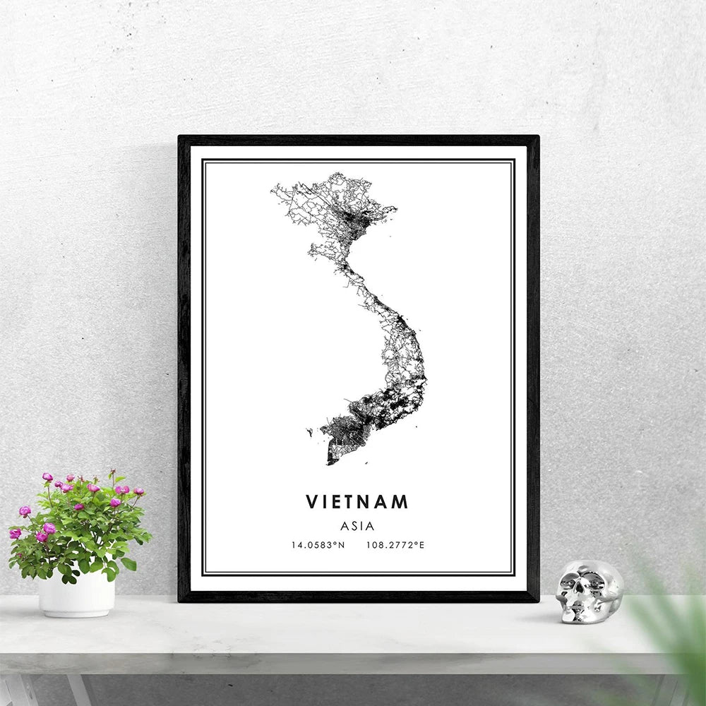 affiche carte vietnam poster minimaliste moderne geometrique fleurs roses pivoines noires blanches rouges turquoises
