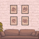 Les illustrations encadrées représentent des contrôleurs de jeu et des plantes décoratives, créant une ambiance relaxante et élégante dans cette pièce.