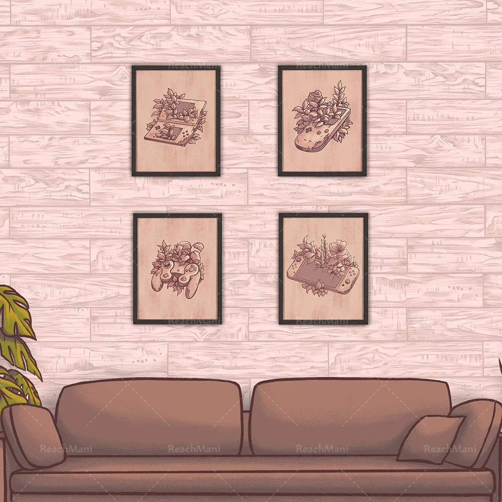 Les illustrations encadrées représentent des contrôleurs de jeu et des plantes décoratives, créant une ambiance relaxante et élégante dans cette pièce.