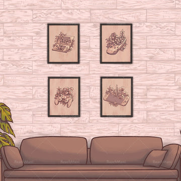 Les illustrations encadrées représentent des contrôleurs de jeu et des plantes décoratives, créant une ambiance relaxante et élégante dans cette pièce.