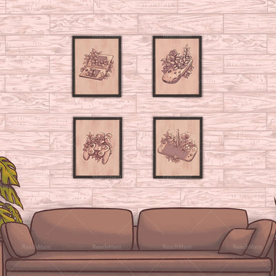 Les illustrations encadrées représentent des contrôleurs de jeu et des plantes décoratives, créant une ambiance relaxante et élégante dans cette pièce.