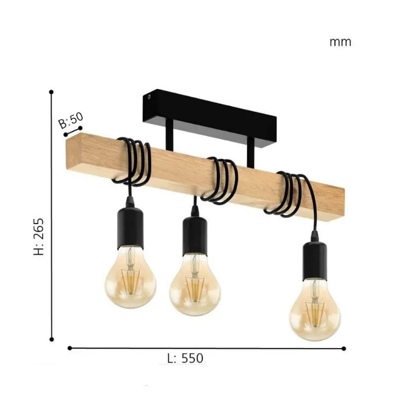 suspension lumineuse industrielle moderne bois naturel noir ampoules e27 clips métalliques chambre salon étude