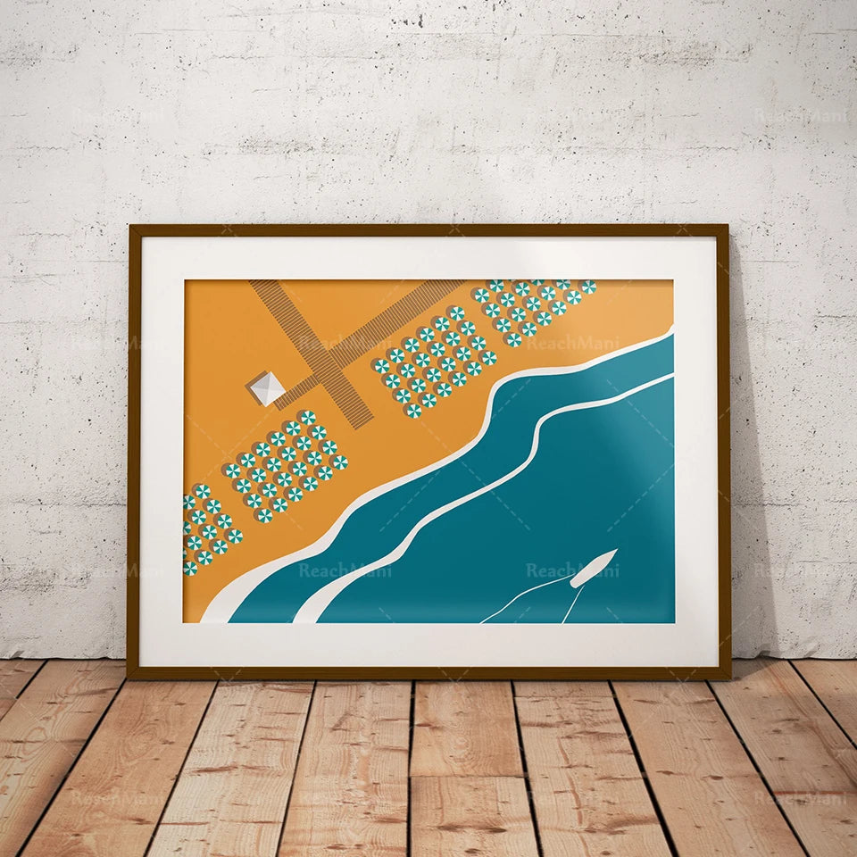 Illustration d'un paysage de plage avec un ciel orange et des motifs floraux sur le sable.