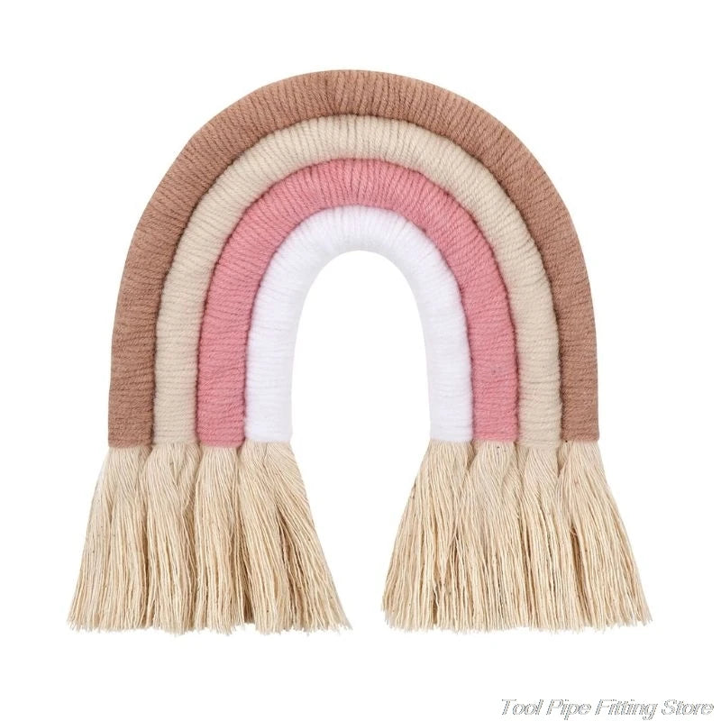 décoration murale arc ciel tissé franges boho chic marron beige bleu marine rose clair
