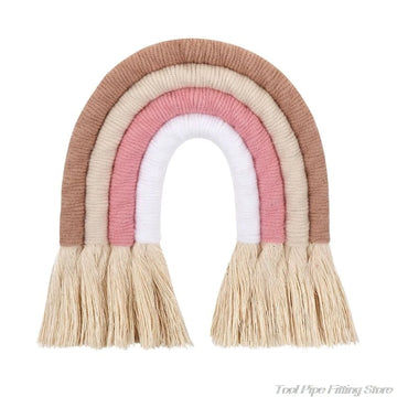 décoration murale arc ciel tissé franges boho chic marron beige bleu marine rose clair
