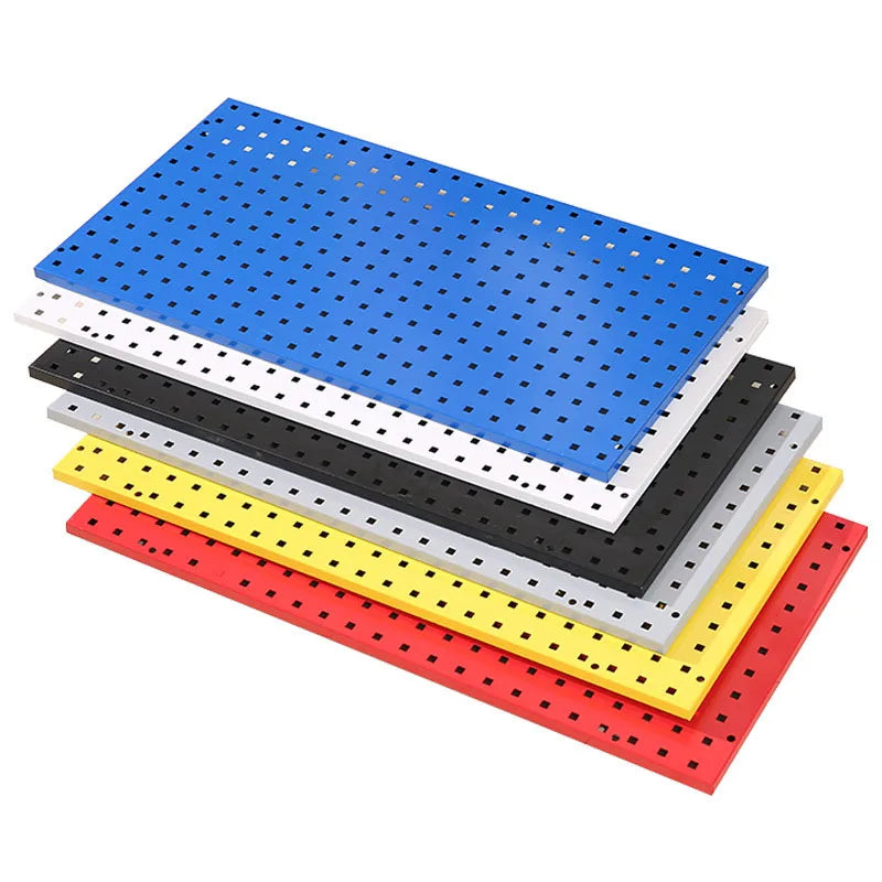 panneau perforé moderne clips paniers métalliques bleu orange gris noir blanc