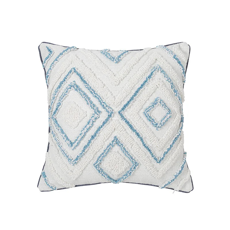 coussin decoratif bleu blanc motif geometrique moderne boho chic amovible lavable tassel adhésif coton