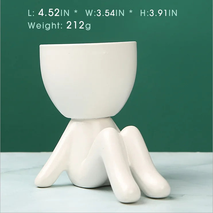 cache pot céramique blanc noir personnage assis contemporain plante succulente minimaliste ornement décoration artisanale