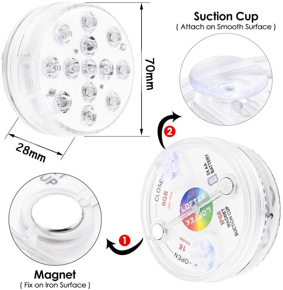lampe led submersible ip68 13 diodes ronde transparente moderne aimant tasse succion piscine étang