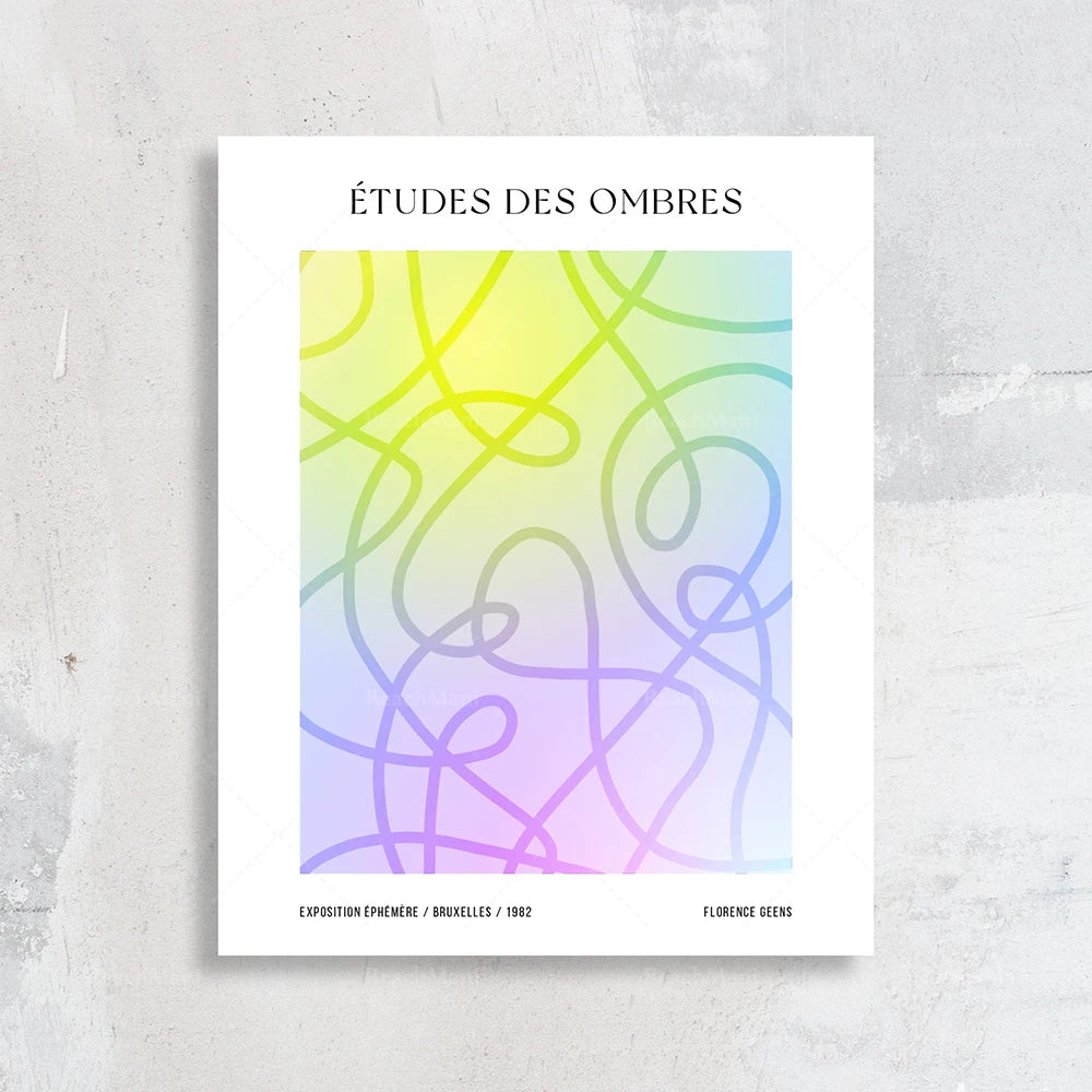 L'image montre une affiche abstraite avec des formes géométriques colorées représentant une étude des ombres.