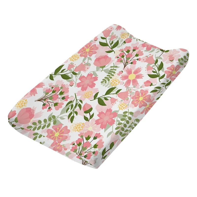 housse matelas langer coton feuilles tropicales moderne vert rose bleu blanc