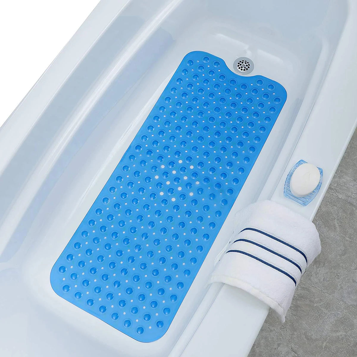 tapis bain antidérapant pvc moderne bleu gris blanc transparent trou texturé adhésif salle bain