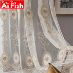 rideau tulle brodé fleur doré élégant transparent fenêtre beige classiquehôtel maison