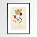 Une belle composition florale dans des couleurs chaudes et printanières, avec une citation de William Shakespeare soulignant les plaisirs de ces fleurs.