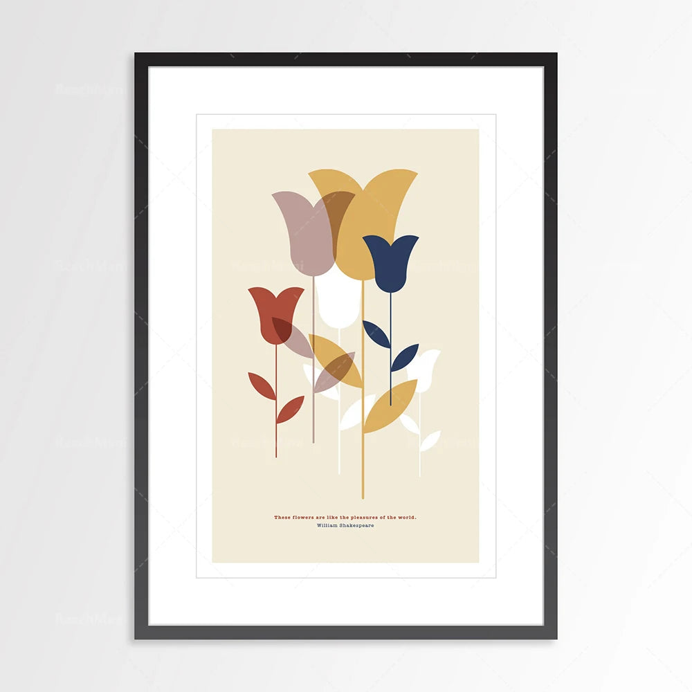 Une belle composition florale dans des couleurs chaudes et printanières, avec une citation de William Shakespeare soulignant les plaisirs de ces fleurs.