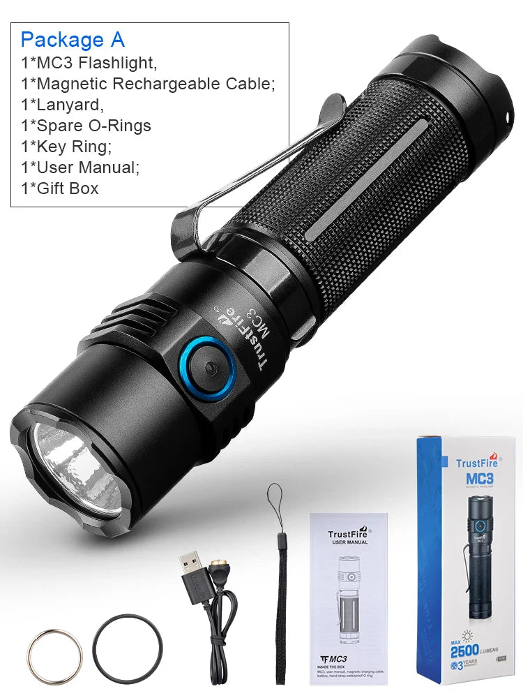 lampe torchon rechargeable ip68 2500 lumens led anti dérapante mode high medium low stroboscope