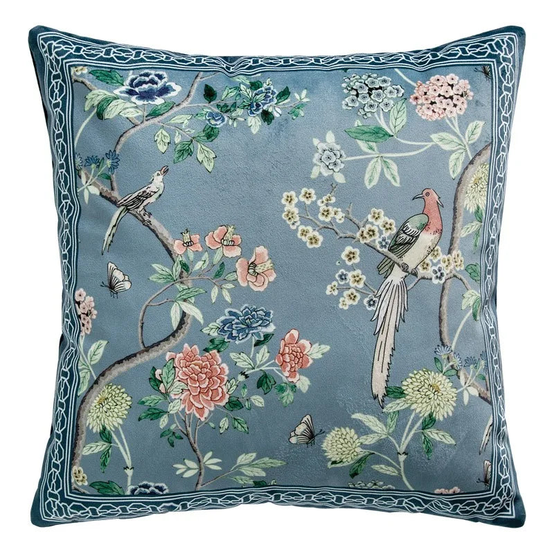 coussin décoratif motif oiseaux fleurs traditionnel tissu velours couleur beige opacité 45x45cm usage lit