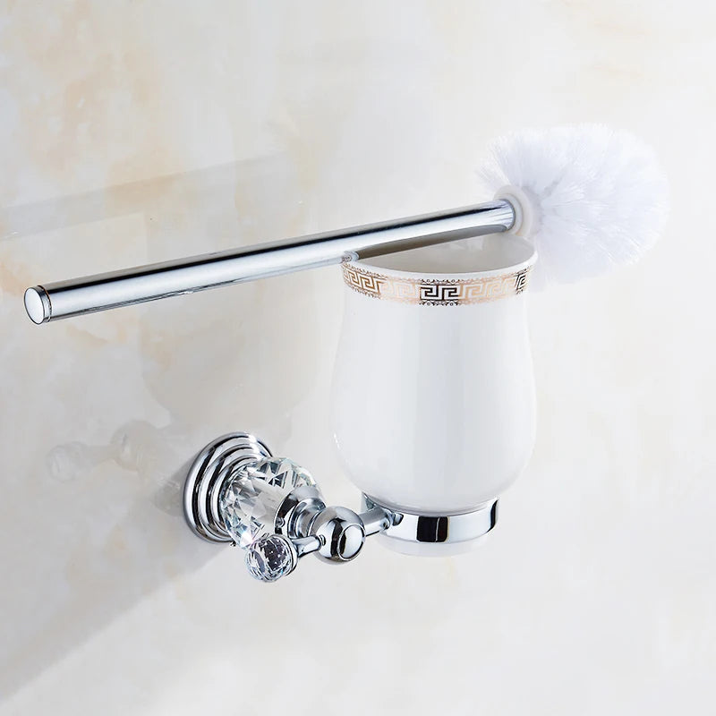 accessoires salle bain chrome cristaux motifs dorés porte savon dentifrice serviettes goblets sèche cheveux