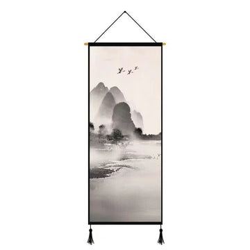 toile d'art paysage chinois oiseaux bambous nuages minimaliste contemporain crochets noir blanc gris