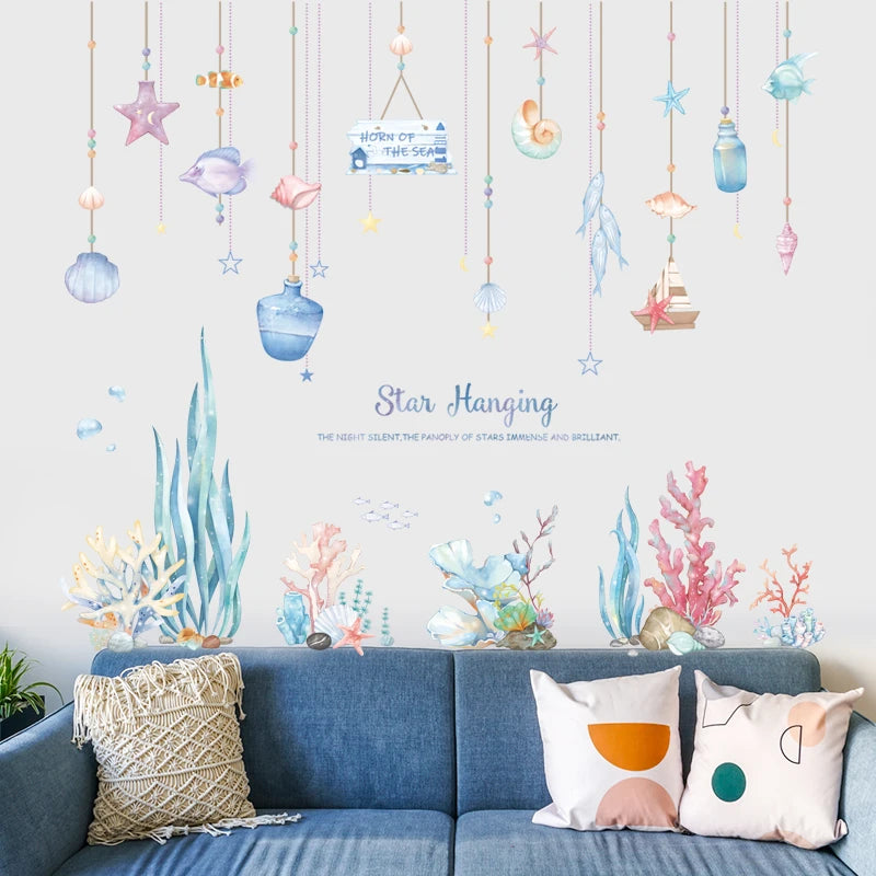 sticker mural baleine marine corail étoile mer enfant aquatique aquarelle transparent adhésif