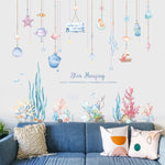 sticker mural baleine marine corail étoile mer enfant aquatique aquarelle transparent adhésif