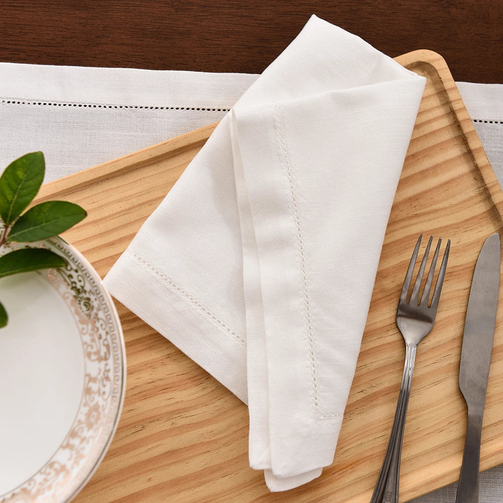 serviettes table coton lin beige blanc bordure brodée classique rustique set tailles