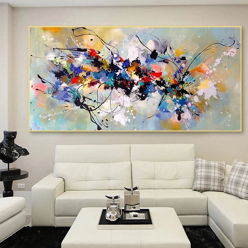 tableau decoratif abstrait moderne toile couleur bleu rouge vert chambre salon