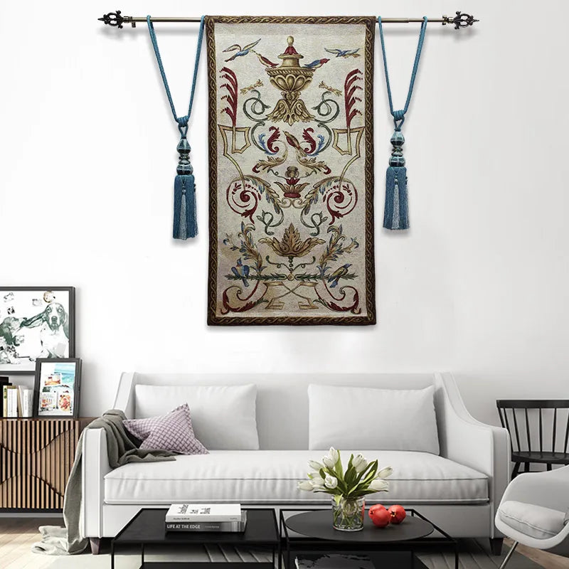 tapisserie murale coton floral baroque classique beige rouge verte bleue ornementations tringles tassels handwash
