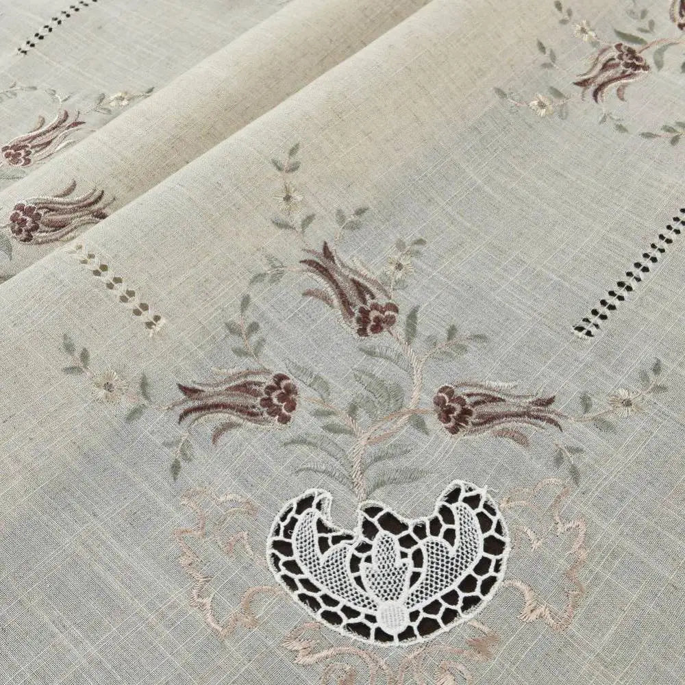 nappe élégante polyester opaque broderie florale beige clair gris marron foncé machine réutilisable restaurant