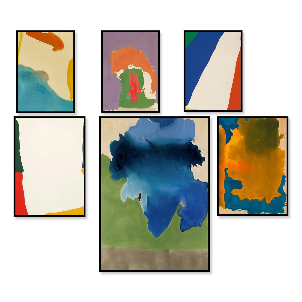 Cette image présente une série d'œuvres d'art abstraites, mettant en scène des formes et des couleurs vives et expressives qui évoquent des paysages ou des compositions géométriques.