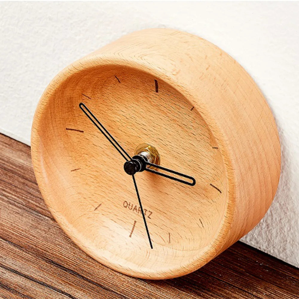 horloge table bois naturel clair grain minimaliste 115mm diamètre 45mm hauteur