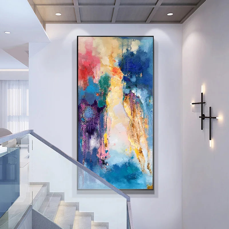 tableau abstrait moderne peintures murales peintes main couleurs vives toile dorée bleu rose vert