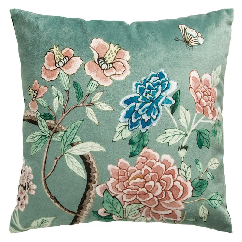 coussin décoratif motif oiseaux fleurs traditionnel tissu velours couleur beige opacité 45x45cm usage lit