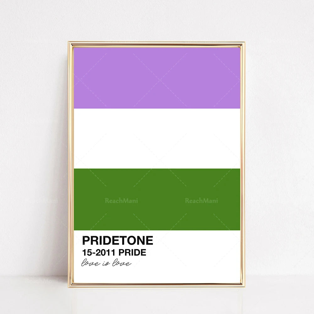 Affiche de la Pride avec fond violet, blanc et vert représentant les couleurs du drapeau LGBTQ+ et le texte "PRIDETONE 15-2011 PRIDE Love is love".